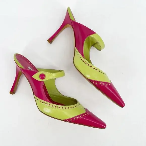 Manolo Blahnik Vintage Lime Pink Wingtip Mary Jane Pointed Toe Mule Heel IT 37 - Picture 3 of 11